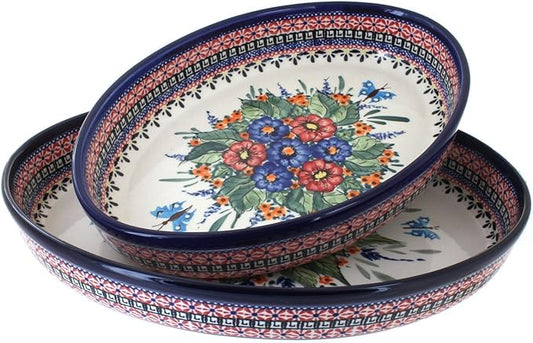 Blue Rose Polish Pottery - Red Floral Butterfly Oval Baker Set - 2 Bakers - Unique, Dishwasher
