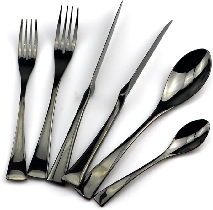 JASHII 18/10 Stainless Steel 24 Piece Mirror Polished Black Flatware Set,Dinner Knife Steak Knife