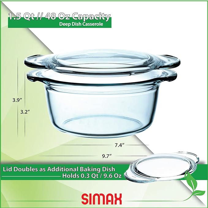 Simax Casserole Dish with Lid, Glass Casserole Dish, Holds 48 Oz (1.5 Quarts), Oven to Table