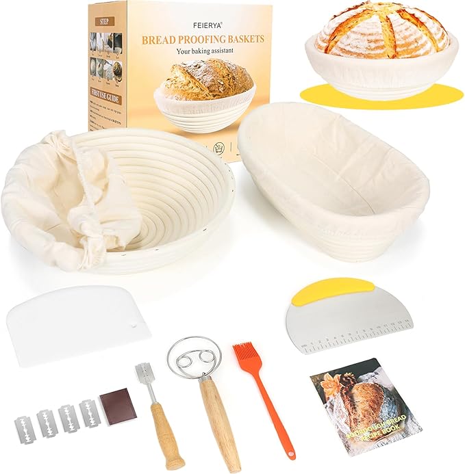 9 & 10 Inch Banneton Bread Proofing Basket Set with Liners,Dough Scraper,Bread Lame & Danish Whisk