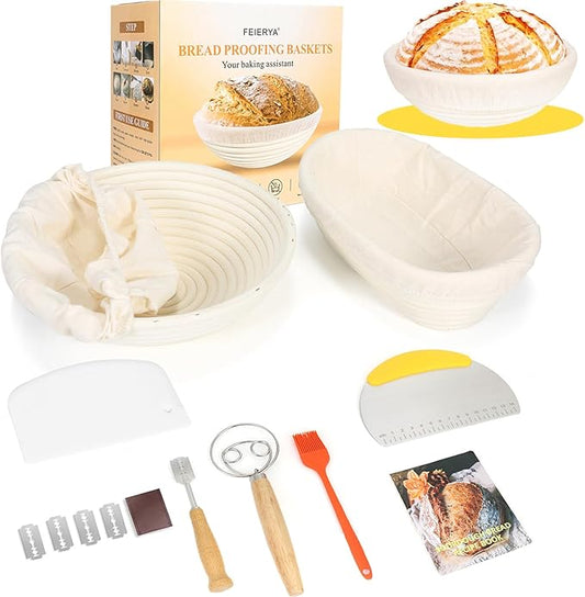 9 & 10 Inch Banneton Bread Proofing Basket Set with Liners,Dough Scraper,Bread Lame & Danish Whisk