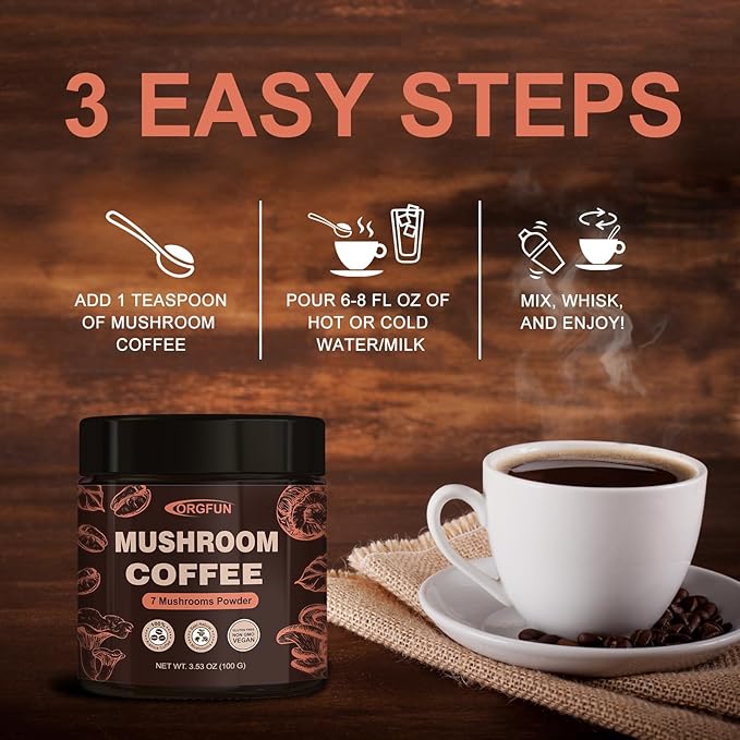 ORGFUN Premium Mushroom Coffee with 7 Superfood Mushrooms, Great Tasting Arabica Instant Coffee