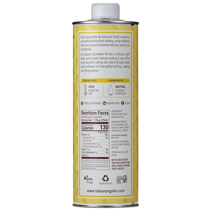 La Tourangelle, Organic High Oleic Sunflower Oil, Neutral Oil For Medium to High Heat Cooking and