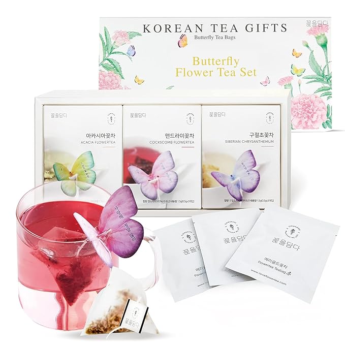 KKOKDAM Korean Tea Gift Set Sampler – 3 Flavor Pink Butterfly Tea Bag Sampler – Elegant Box for Tea