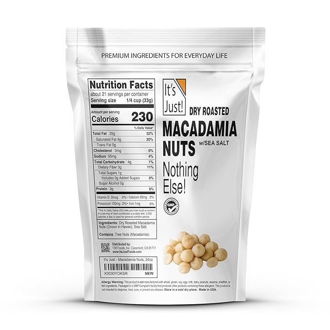 It's Just - Hawaiian Macadamia Nuts (1.5lbs), Small Batch Dry Roasted in USA, Lightly Salted, Keto