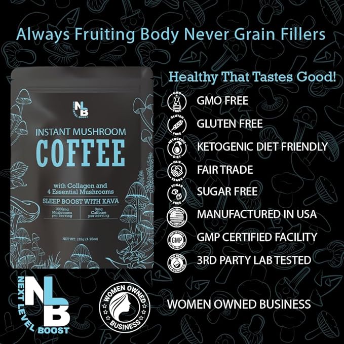 Sleep Boost with Kava Organic mushroom Instant Coffee - 10 x 9g Packets - Healthy Coffee