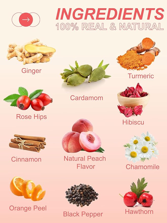 TeeLux Ginger Peach Turmeric Tea Bags, Warm Ginger with Tart Hibiscus & Soothing Chamomile, Tart &