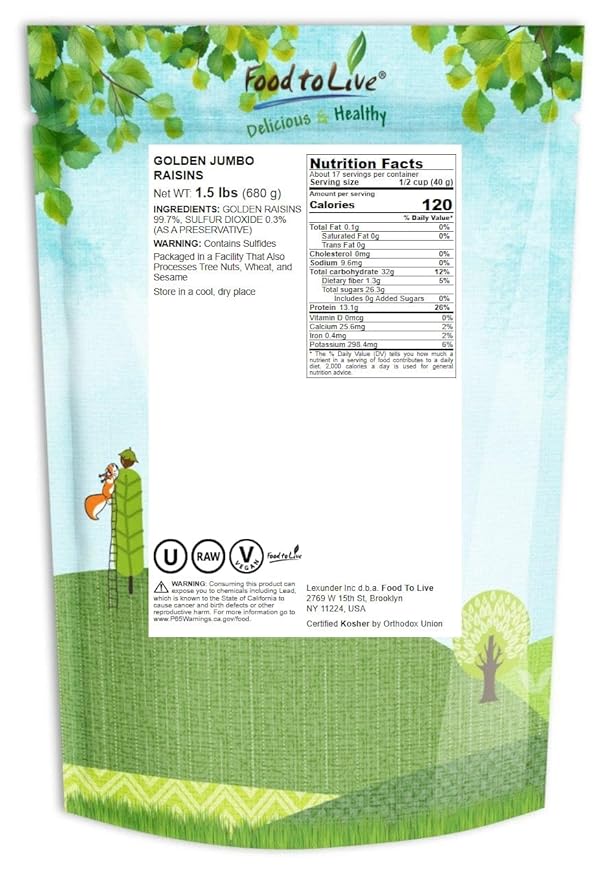 Food to Live California Jumbo Golden Raisins, 1.5 Pounds ??Seedless, Sun-Dried, No Added Oil, No