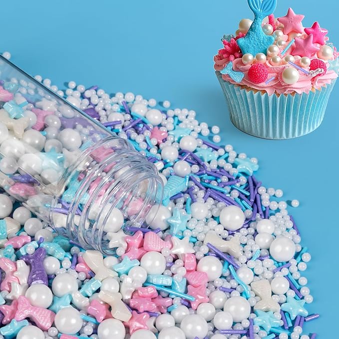 Mermaid Sprinkles,Edible Sugar Pearl Stars Jimmies Mix,130g/4.58oz,Pearl Candy Ocean Sprinkle for
