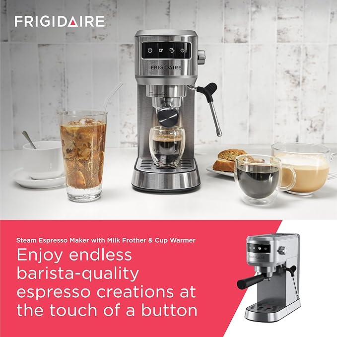 Frigidaire Steam Espresso Maker, Coffee Machine with Milk Frother & Cup Warmer, 20 Bar Pressure, 34