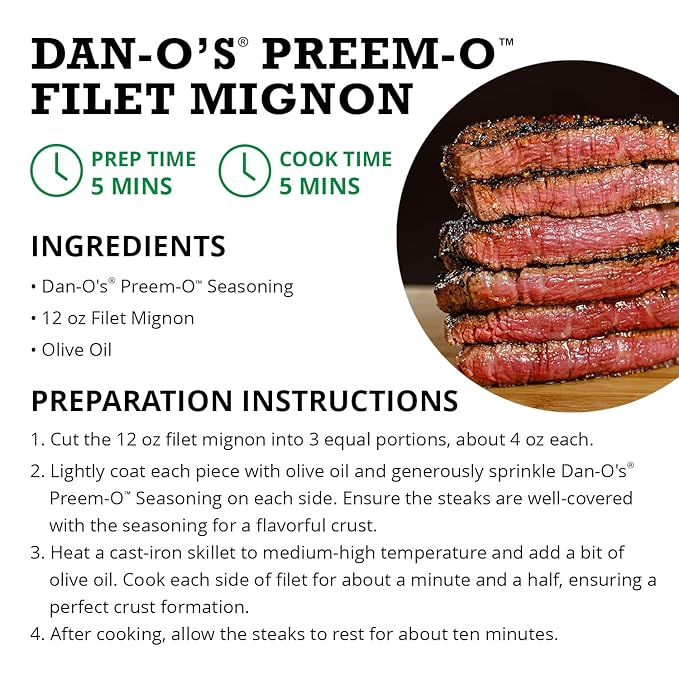 Dan-O's Preem-O Seasoning, 2.5 oz Bottle, Meat Seasoning for Steak, Ribs, Chicken, Brisket and