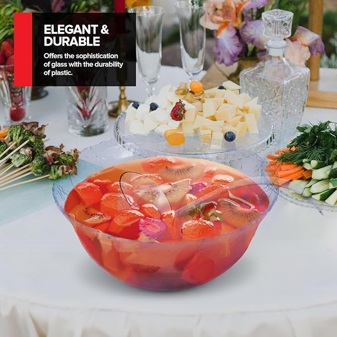 Premium Plastic Punch Bowl with Ladle, Fancy Disposable Punch Bowls for Parties, Holidays, Schools