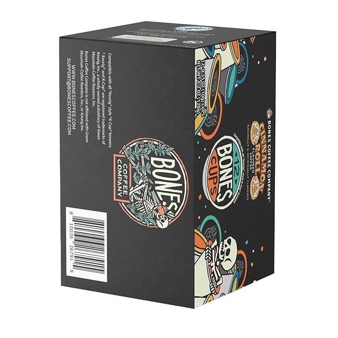 Bones Coffee Company Cinnamon Roll Flavored Coffee Pods, Low Acid Medium Roast Single-Serve Bones