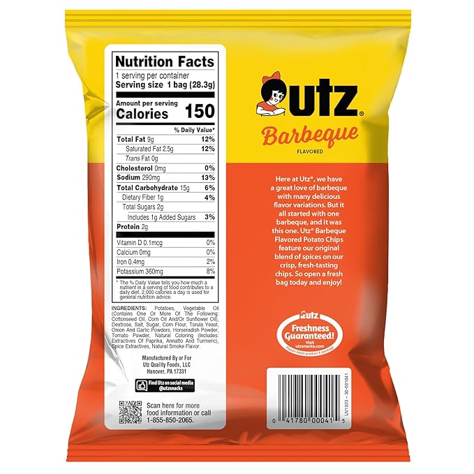 Utz Potato Chips, Barbeque - 1 Ounce (Pack of 60), Crispy Potato Chips Made from Fresh Potatoes