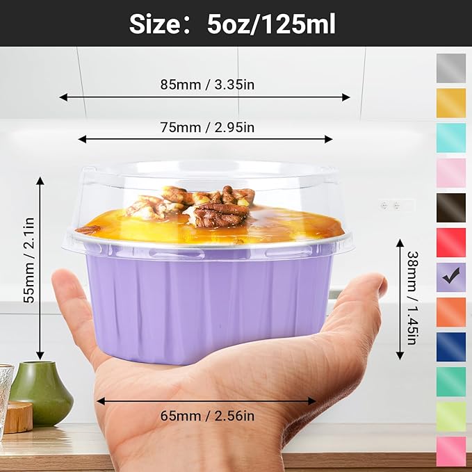 EUSOAR Aluminum Foil Baking Cups with Lids, Light Purple 50pcs 5oz Creme Brulee Ramekins