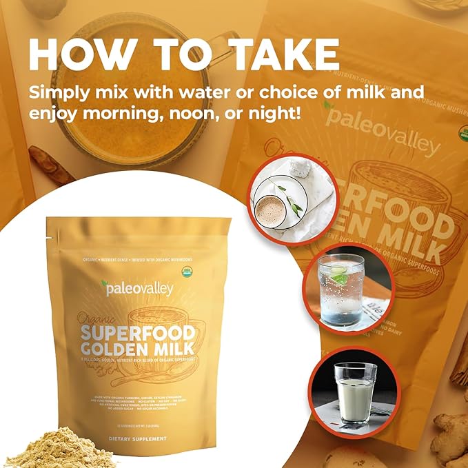 Paleovalley Organic Superfood Golden Milk - Immune, Focus, Cognitive, Longevity - Turmeric