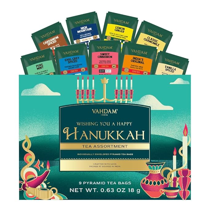 VAHDAM, Limited Edition - Hanukkah Tea Gift Basket | 9 Delicious Variety Pyramid Tea Bags | Perfect