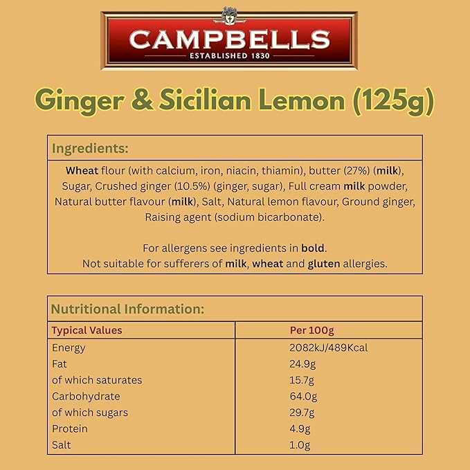 Campbells Shortbread with Stem Ginger & Sicilian Lemon 4.41 Oz (Pack of 3) - Pure Butter Scottish