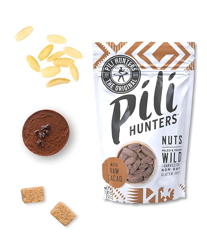 Pili Hunters - Wild Sprouted Pili Nuts, Raw Cacao (4 oz Bag) Vegan Snack for Low Carb Energy