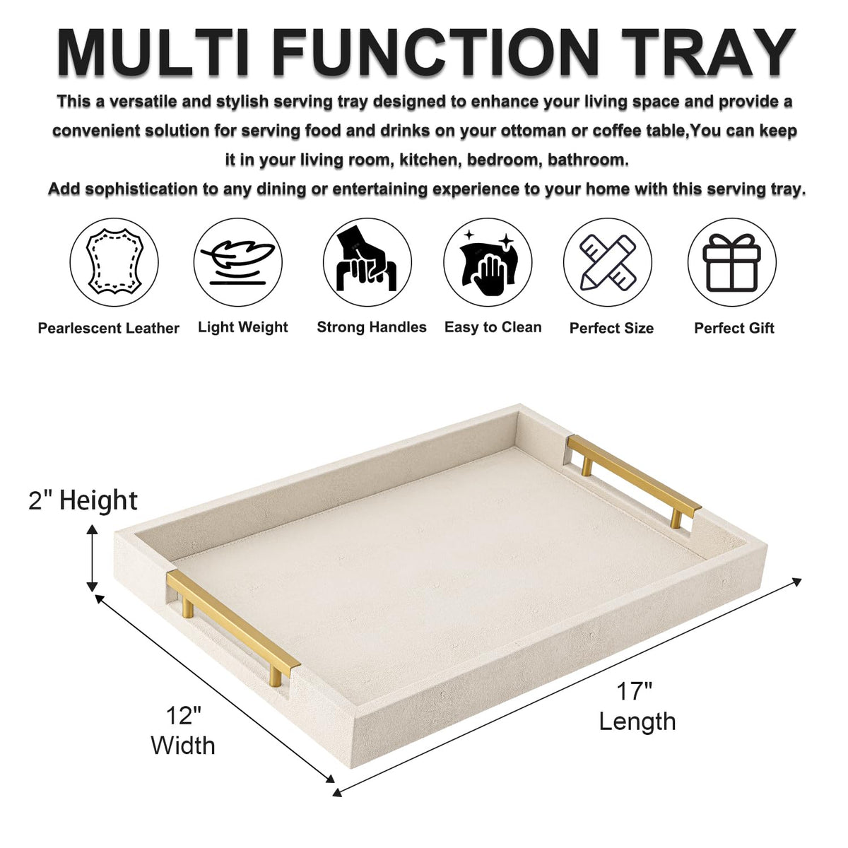 Beige Faux Leather Serving Tray with Handles – Large Decorative Tray for Coffee Table, Ottoman