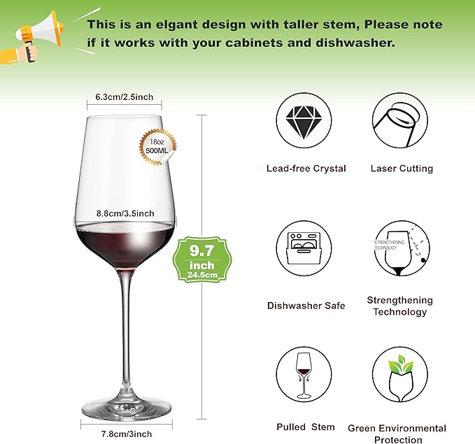 Wine Glasses Set of 6, Crystal Glass with Stem for Drinking Red/White/Cabernet Wine as Gifts Sets