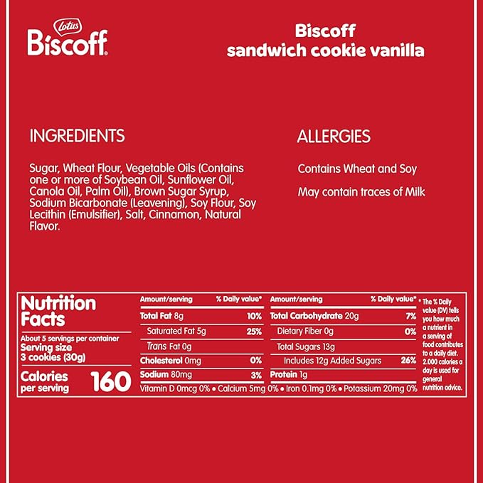 Lotus Biscoff Sandwich Cookies, Vanilla, 22 Cookies per pack, 7.76 Ounce