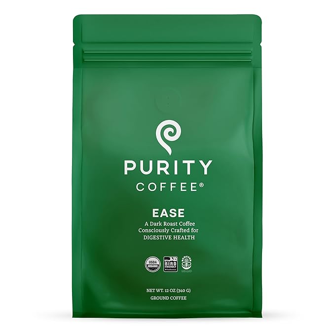 Purity Coffee EASE Dark Roast Ground Coffee for Low Acidity - USDA Organic and Third-Party Tested
