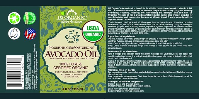 US Organic Avocado Oil Unrefined Virgin, USDA Certified Organic, 100% Pure & Natural, Cold Pressed