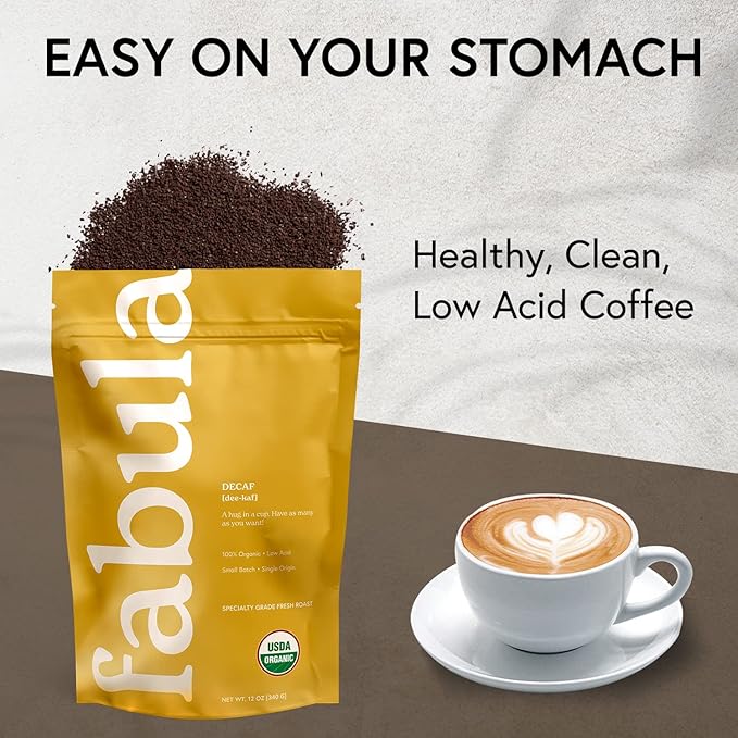 Fabula Low Acid Decaf Coffee Ground, USDA Organic Coffee Medium Roast - Single Origin - Non-GMO