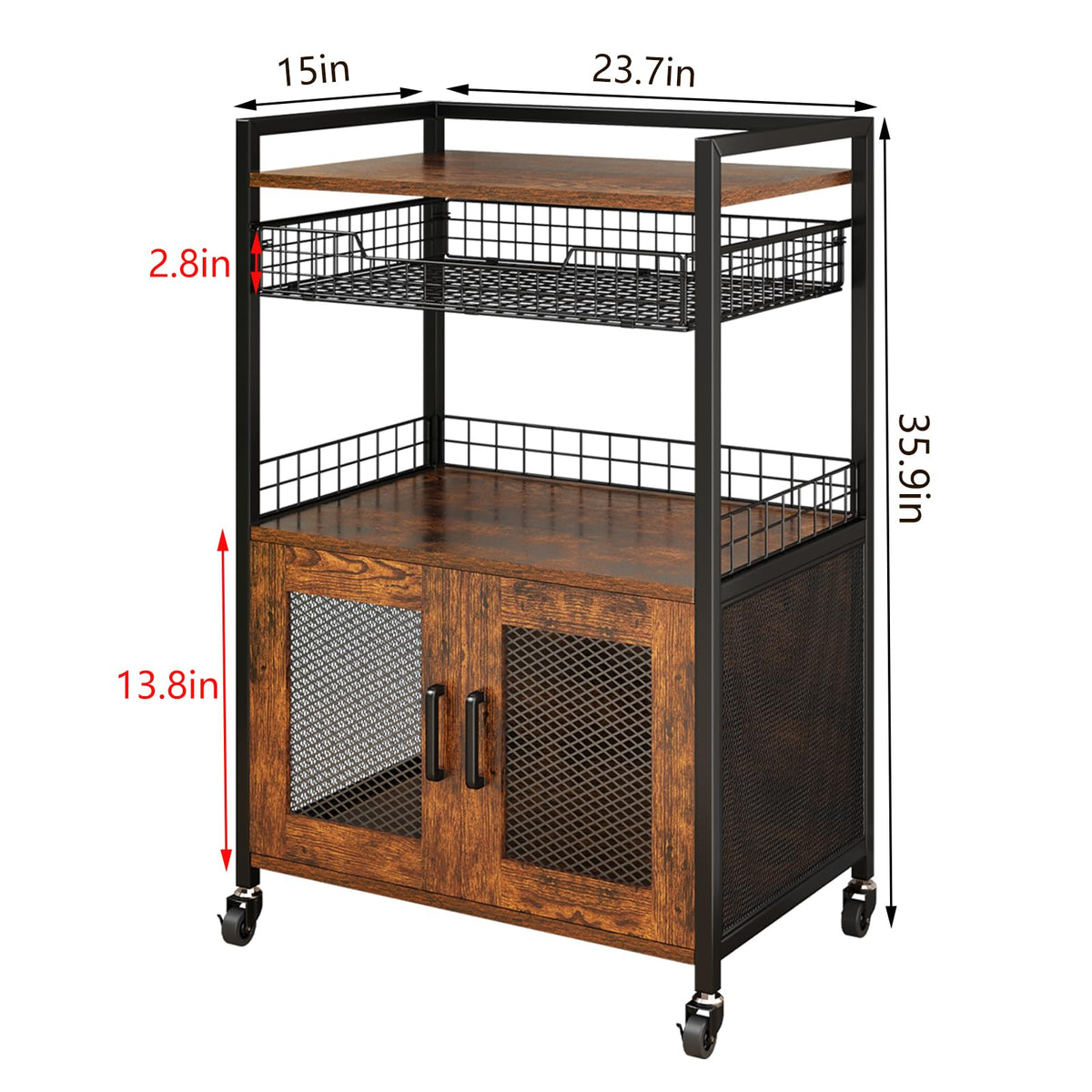 Hencawima Coffee Bar Cabinet, 3 Tier Coffee Station Table on Wheels, 35.9" H Bar Cart with Wire