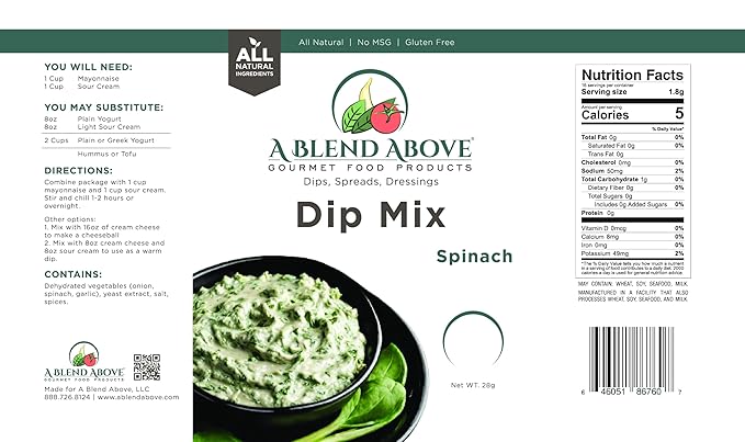 A Blend Above Spinach Dip Mix, 3 Packs, 1 oz. Each, Mixed Seasoning Packet, Gluten-Free, No MSG