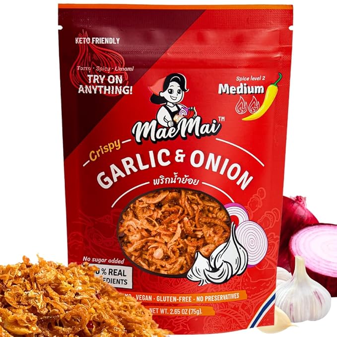 MaeMai Medium Spice (SPICY) - Crispy Onions & Garlic Flakes - Crunchy All-Purpose Seasoning, Keto