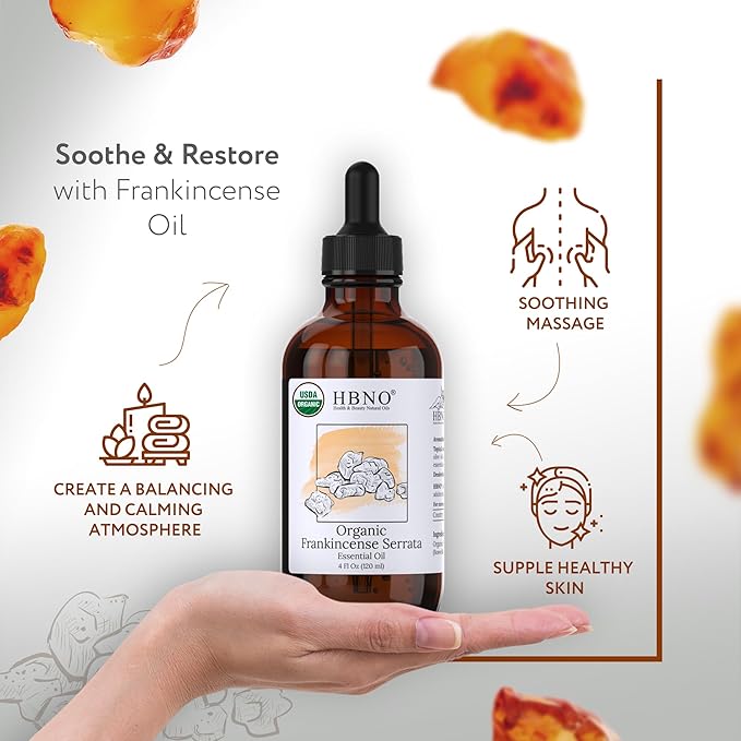 HBNO California Bottled Organic Frankincense Essential Oil 4 fl oz (120ml) - USDA Certified Oil