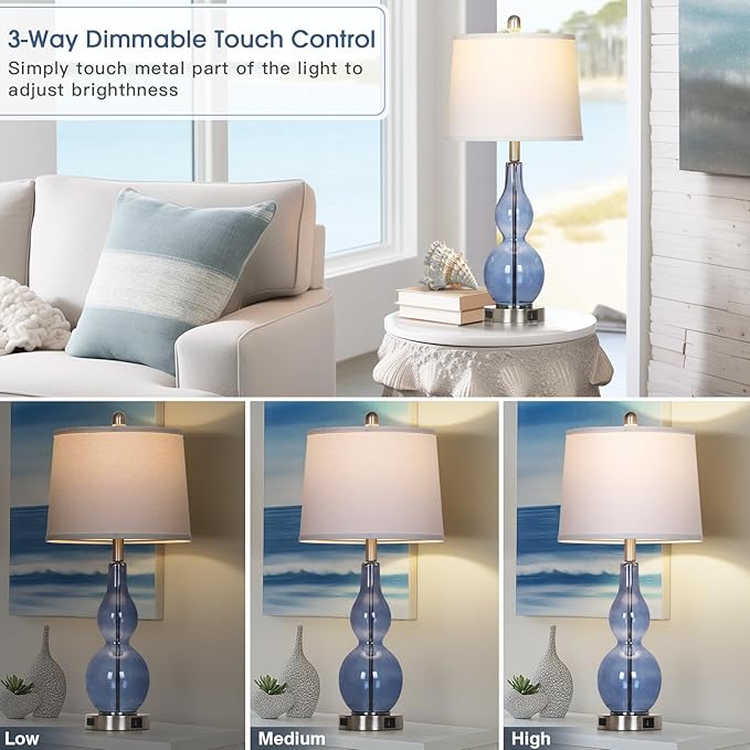 27.5" Coastal Blue Glass Double Gourd Table Lamp Set of 2,3-Way Dimmable Touch Control Bedside