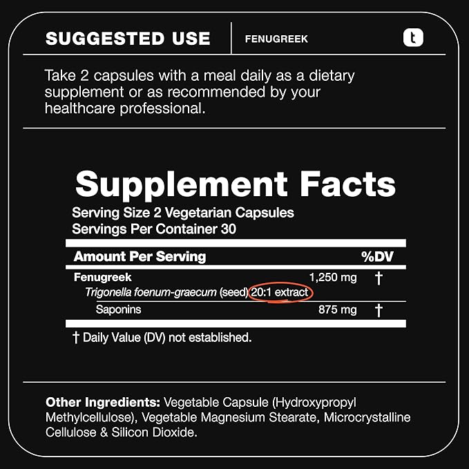 Fenugreek Capsules - Ultra High Potency 20:1 Extract with 70% Saponins - Highly Concentrated