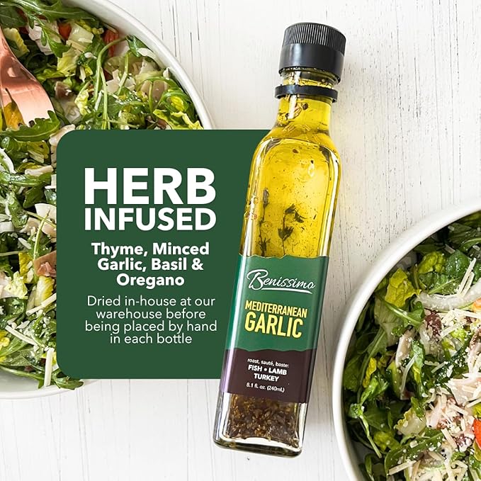 Benissimo Mediterranean Garlic Infused Oil, All Natural Gourmet Cooking Oil with Fragrant