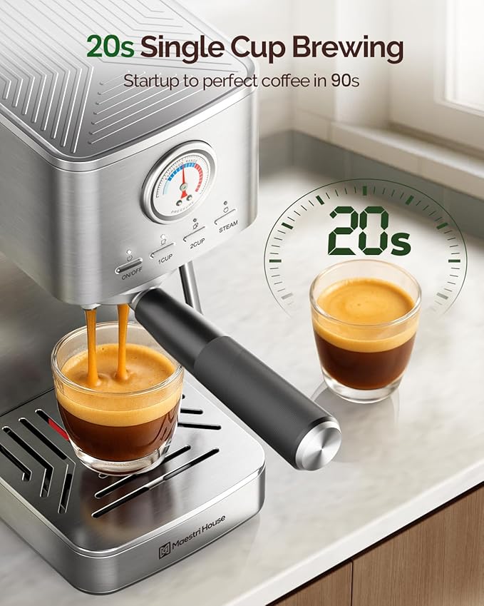 Maestri House Espresso Machine, 20 Bar ULKA Pump, Compact Espresso Maker Built-in Flow Meter Steam