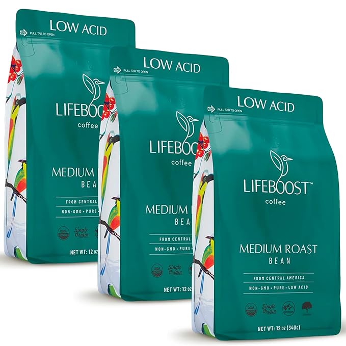 Lifeboost 3 Pack Medium Roast Whole Bean Coffee - Non-GMO Low Acid Single Origin USDA Organic