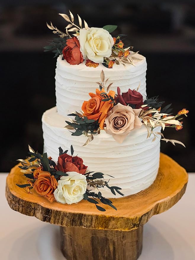 Rinlong 3Pcs Pre-made Cake Topper Cake Decorating Flowers for Cake Decor Boho Burnt Orange Fall