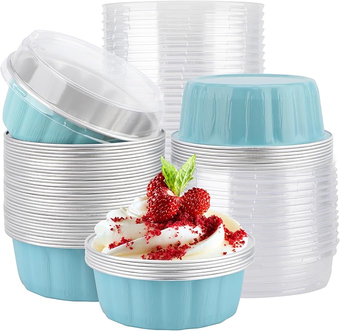 EUSOAR Disposable Muffin Tins, 50pcs 9oz Blue Cake Containers with Lids, Foil Ramekins Desert Cups