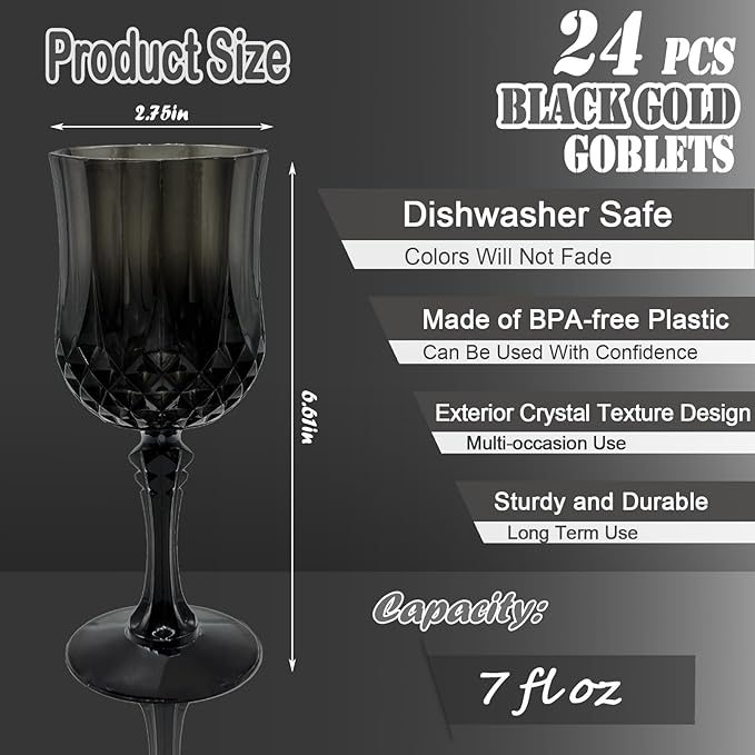 24 PCS Black Plastic Wine Glasses,Reusable Plastic Wine Glasses,Black Goblet Glass,Durable and