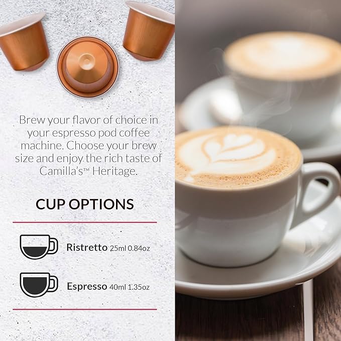Camilla’s Heritage - Intensity 8 Hazelnut Flavored Espresso Coffee, Gourmet Espresso Cups, 60