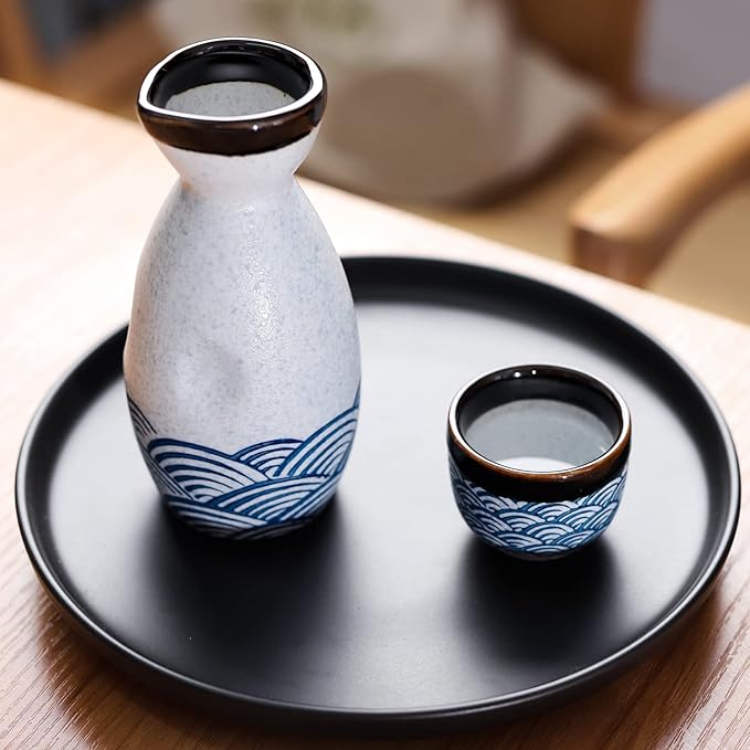 Sake Set Ceramic Japanese Sake Set of 7 include 1 Sake bottle 6 Sake Cups for Hot or Cold Sake at
