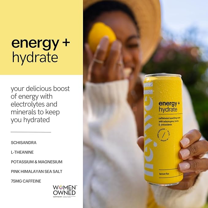 Heywell Sparkling Adaptogenic Water Energy and Focus, Lemon Fizz Flavor 12 Fluid Ounce (Pack of 12)