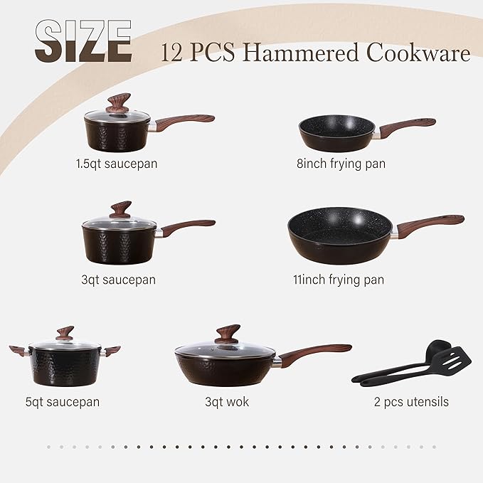 Kitchen Academy Induction Pots and Pans Set Non Stick - 12 Pcs Nonstick Kitchen Cookware Set, Black