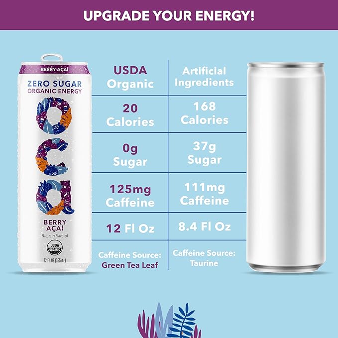 OCA ZERO Berry Acai, Organic energy drink, zero sugar, gluten-free, vegan plant-based, 12 Fl Oz (12