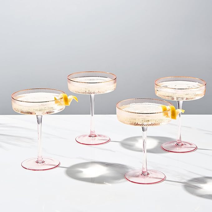 Khen Ribbed Vintage Art Deco Coupe Glasses - Martini, Champagne & Cocktail Ribbed Glasses 8oz |