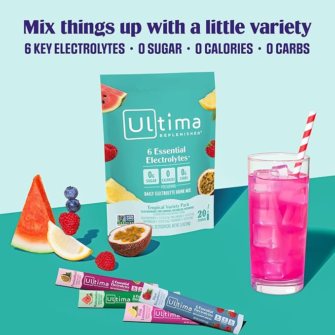 Ultima Replenisher Daily Electrolyte Powder Drink Mix ??Sugar Free ??Tropical Variety, 20