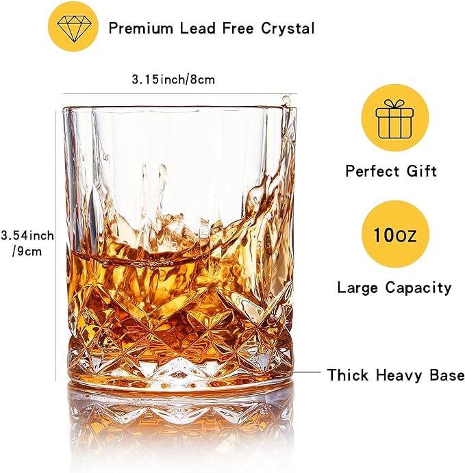 Whiskey Glasses Set of 4,Rock Glasses,11 oz Lead-Free Crystal Bourbon Glass,Old Fashioned Glass for