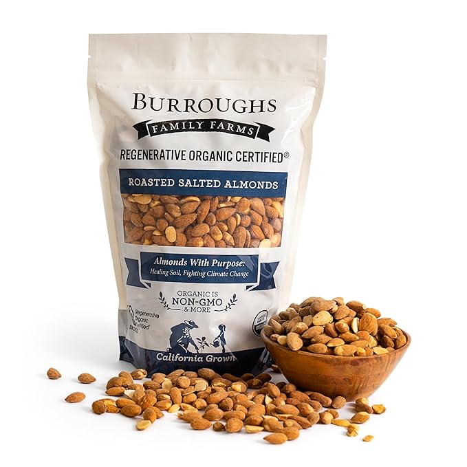 Burroughs Family Farms 3 lb Roasted Salted Almonds – USDA Organic, First Regenerative Organic